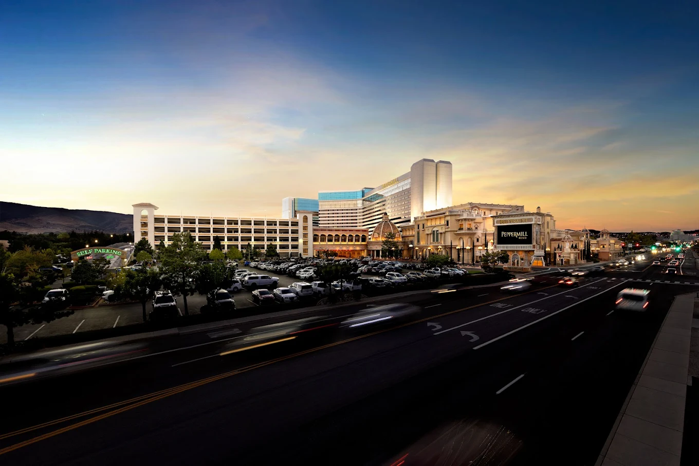 Exterior photograph of the Peppermill Resort Spa Casino hotel building in Reno, Nevada